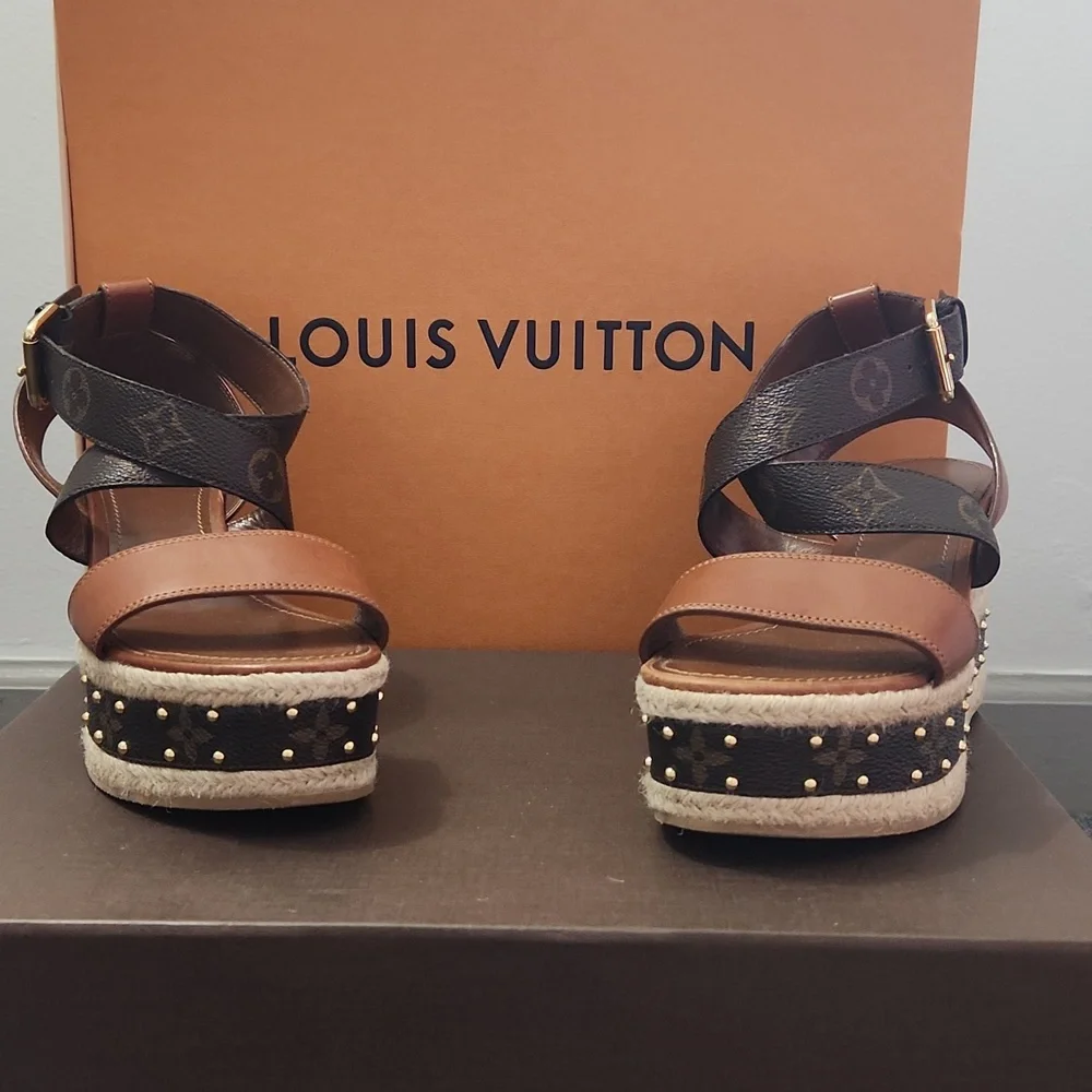 Louis Vuitton Brown Monogram Leather Platform Espadrille Sandals